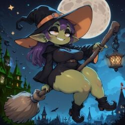 1girl ai_generated big_butt big_hat black_dress black_eyeshadow black_nails broomstick brown_belt capelet covered_nipples earrings female_focus flying goblin goblin_female goth green_skin half-closed_eyes halloween moon night noodle_jacuzzi orange_eyes outdoors purple_hair riding_broom sharp_teeth short_dress shortstack sky smile solo starry_sky stars thick_thighs wide_hips witch witch_hat