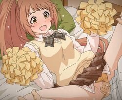 1boy :d bangs bed black_bow blush bow brown_eyes brown_hair brown_skirt censored cheering clothed_sex collared_shirt dress_shirt female full-face_blush hair_ornament hair_scrunchie hands_on_another's_knees idolmaster idolmaster_cinderella_girls long_hair long_sleeves looking_down lying miniskirt missionary mosaic_censoring on_back on_bed open_mouth panties panties_aside penis pillow pleated_skirt pom_poms ponytail school_uniform scrunchie sex shirt skirt skirt_lift smile solo_focus spread_legs straight sweat sweater_vest tomu_(tomubobu) underwear vaginal_penetration vest wakabayashi_tomoka white_shirt yellow_panties yellow_vest