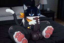 ai_generated animated anthro autofellatio balls bed belt black_balls black_body black_fur black_genitals black_penis blue_eyes blush domestic_cat erection feet felid feline felis fur furniture genitals hellsonger humanoid_genitalia humanoid_penis kerchief male mammal markings mask masturbation morgana_(persona) oral oral_masturbation oral_penetration pawpads paws penetration penile penile_masturbation penile_penetration penis penis_in_mouth short_playtime sitting solo tagme tail tail_markings toes tuxedo_cat video white_body white_fur