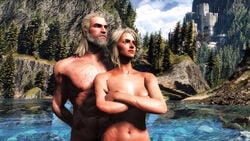 1boy 3d areolae breasts cd_projekt_red ciri crossed_arms female geralt_of_rivia green_eyes hands_behind_back nipples scar standing the_witcher the_witcher_(series) the_witcher_2 the_witcher_3:_wild_hunt white_hair xpsfm yellow_eyes