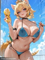 1girl against_glass ai_generated animal_ear_fluff animal_ears arlequin097 armlet bare_shoulders bikini black_nails blonde_hair blue_bikini blue_eyes blue_sky blush bowsette breast_press breasts breasts_on_glass cat_ears choker cleavage collar collarbone cowboy_shot crown day earrings extra_ears fang fangs hair_between_eyes holding horns jewelry large_breasts looking_at_viewer mario_(series) nail_polish navel nintendo outdoors parted_lips pointy_ears ponytail sharp_fingernails sharp_teeth side-tie_bikini_bottom sky smile soap soap_bubbles solo spiked_armlet spiked_bracelet spiked_collar spiked_tail spikes sponge stomach string_bikini super_crown super_mario_bros. swimsuit tail teeth thighs wet