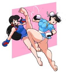 2021 2females 2girls asian_female ass ass_focus barefeet barefoot black_hair black_hair_female booty booty_cheeks booty_focus boxing_gloves boxing_gloves_only breasts butt butt_focus capcom catfight chichi chinese_female chun-li clothed clothed_female clothing commission commission_art digital_art digital_drawing digital_drawing_(artwork) digital_media digital_media_(artwork) dragon_ball dragon_ball_(classic) dragon_ball_z female fight fighting fully_clothed hair_between_eyes high_kick highres kick looking_at_another milf motion_lines muay_thai netto-painter ponytail ponytail_(hair) ponytail_female ponytail_hair qipao qipao_dress shiny shiny_ass shiny_body shiny_breasts shiny_butt shiny_clothes shiny_hair shiny_legs shiny_skin shiny_thighhighs shiny_thighs street_fighter thigh_gap thigh_highs thighhighs thighs white_panties white_thong white_thong_panties