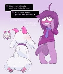 1boy 1other ass ass_focus blush buckteeth collar collared_shirt crushpepper deltarune deltarune_chapter_5 dialogue digital_media_(artwork) dog_collar duo english_dialogue english_text feet fur furry goat goat_ears goat_horns horn horns long_hair naked naked_male non-binary nonbinary nude nude_male open_mouth penis pink_horn pubes pubic_hair purple_hair purple_skin ralsei ralsei_with_white_fur seth_(deltarune) shirt standing tagme teeth text text_box white_fur white_sclera