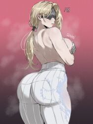 1girl 1girls absurdres arm_under_breasts artist_name ass ass_focus blindfold_mask blonde_hair breasts commentary covered_eyes covering_breasts covering_privates duchess_(nightreign) elden_ring elden_ring_nightreign english_commentary gybeth highres large_breasts long_hair looking_back mask pants ponytail solo steaming_body topless_female white_pants