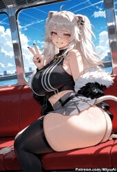 1girl ahoge ai_assisted ai_generated animal_ears ass bare_shoulders black_nails blush breasts curvaceous curvy curvy_female curvy_figure earrings eyebrows_visible_through_hair female fur-trimmed_jacket fur_trim grey_eyes grey_hair hair_between_eyes hololive jacket jewelry large_breasts lion_ears long_hair looking_at_viewer midriff miyuai necklace shirt shishiro_botan sitting skirt sleeveless sleeveless_shirt smile solo sweat tail thick thick_ass thick_butt thick_hips thick_legs thick_thighs thighhighs thighs v virtual_youtuber voluptuous voluptuous_female wide_hips wide_thighs
