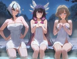 ai_generated arlecchino_(genshin_impact) big_breasts breasts columbina_(genshin_impact) genshin_impact hot_spring multiple_girls sandrone_(genshin_impact) towel water