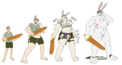 2017 anthro athletic big_breasts breast_growth breasts buckteeth clothed clothing daishiatlas female gender_transformation growth hair human human_to_anthro lagomorph male mammal melee_weapon mtf_transformation muscle_growth nipples nude open_mouth penis prurientpie pussy rabbit sequence short_hair simple_background solo standing sword teeth torn_clothing transformation weapon white_background