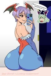 angry bathroom capcom color_edit colored darkstalkers fangs headwings iggy-bomb light-skinned_female light_skin lilith_aensland lurking_judgement morrigan_aensland purple_hair red_eyes self_upload selfie skin_tight smartphone smile succubus tights