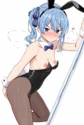 1girl absurdres anger_vein animal_ear_hairband animal_ears black_hairband black_leotard black_pantyhose blue_bow blue_bowtie blue_eyes blue_hair blush bow bowtie breasts collarbone commentary commission detached_collar double-parted_bangs dutch_angle english_commentary fake_animal_ears feet_out_of_frame flygombal from_side hair_between_eyes hair_bow hairband highleg highleg_leotard highres hololive hoshimachi_suisei leotard long_hair nipples nose_blush oversized_breast_cup pantyhose parted_lips playboy_bunny puff_of_air rabbit_ear_hairband rabbit_ears side_ponytail sidelocks simple_background small_breasts solo strapless strapless_leotard sweat teeth virtual_youtuber wardrobe_malfunction white_background wrist_cuffs