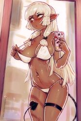 areolae bbc-chan big_breasts bra breasts dark-skinned_female dark_skin elf female female_only large_breasts maeya nipples original panties pointy_ears solo tail