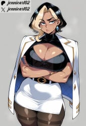 1girl ai_generated artist_name belt black_belt black_hair black_pantyhose blonde_hair blue_eyes blue_nails bracelet breasts brown_pantyhose cleavage cleavage_cutout clothing clothing_cutout cropped_legs crossed_arms dark-skinned_female dark_skin domina earrings female grey_background jacket jacket_on_shoulders jennieart02 jewelry large_breasts looking_at_viewer miniskirt mole mole_on_breast multicolored_hair overwatch overwatch_2 pantyhose patreon patreon_logo patreon_username pencil_skirt short_hair simple_background skirt solo streaked_hair thick_thighs thighband_pantyhose thighs twitter twitter_logo twitter_username two-tone_hair watermark web_address white_jacket white_skirt