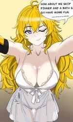 1girls blonde_female blonde_hair cleavage lingerie lingerie_only long_hair long_hair_female purple_eyes radiofreekrieg robotic_arm rwby solo_female winking yang_xiao_long