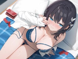 1girls bed black_hair blush bra breasts cameltoe cleavage clothed condom condom_wrapper female female_only highres lace lace_bra lace_panties large_breasts leaning_to_the_side medium_hair nijihashi_sora on_bed open_shirt original panties shirt side-tie_panties sitting sitting_on_bed wrapped_condom