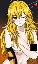1girls blonde_female blonde_hair breasts covering_breasts long_hair long_hair_female purple_eyes radiofreekrieg robotic_arm rwby solo_female winking yang_xiao_long