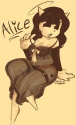 alice_angel angel angel_halo bendy_and_the_dark_revival bendy_and_the_ink_machine black_dress black_hair bowtie demon_horns dress dress_pull gloves halo lace lifting_strap lingerie lipstick makeup pac-man_eyes panties pinup see-through tease text thigh_strap transparent_clothing white_skin