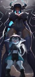 2026 2girls aroused_face aroused_female aroused_smile belly_button belly_button_visible_through_clothing big_breasts big_cock big_tail blue_eyes blushing chocolate_and_vanilla commission dragon_horns dragon_tail erection_under_clothes futadom futanari glasses lighting long_tongue midriff monster_cock monster_girl oc red_eyes scales size_difference tight_clothing two-tone_hair wirelixe yordle