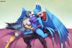 2018 5_fingers anthro anthro_on_anthro areola avian balls beak bearded_vulture bed bird bisexual black_feathers blue_feathers blue_wings breasts chair_position chest_tuft closed_eyes cloud_(amaterasu1) cockatoo cowgirl_position crest falcon feathered_crest feathered_wings feathers female from_behind_position grey_feathers group group_sex hand_holding hi_res hybrid inside kissing macaw male male_penetrating multicolored_feathers muriat nawka nipples non-mammal_breasts nude on_top open_mouth parrot penetration penis purple_feathers red_feathers red_sclera sex sitting smile spix's_macaw stoop straight tail_feathers talons threesome tuft two_tone_feathers vaginal_penetration vulture wings yuri