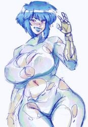 1girls 2026 areola_slip areolae belly_button blue_hair blue_lipstick bodysuit breasts busty clothed clothed_female clothing cowboy_shot curvaceous curvy cyborg donut_doodles female front_view fully_clothed ghost_in_the_shell grin hair hi_res huge_breasts humanoid kusanagi_motoko large_areolae legs_together light-skinned_female light_skin lipstick looking_at_viewer mechanical_arm medium_sidelocks navel nipple_bulge red_eyes ripped_clothing short_hair sidelocks simple_background sketch skin_tight smile smiling smiling_at_viewer smirk solo standing stomach teeth the_ghost_in_the_shell thick_thighs thighs torn_clothes voluptuous waving waving_at_viewer white_background wide_hips