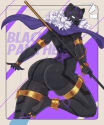 1girls ass black_bodysuit black_panther_(marvel) bodysuit deven_tolo female female_only from_behind looking_at_viewer looking_back mask shuri_(marvel) solo solo_female spear