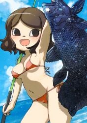 1girls 2026 2d animal_crossing animal_crossing_girl bikini black_eyes breasts brown_hair cleavage female female_only fish fishing hair light-skinned_female light_skin muramasa_mikado murana_(muramasa_mikado) red_bikini solo swimsuit swimwear villager_(animal_crossing)