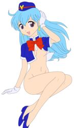 2018 absurdres anus ass bangs blue_footwear blue_hair bottomless bow breasts dress earrings female gloves hand_up hat highres hips human jewelry legs legs_crossed long_hair looking_to_the_side medium_breasts miniskirt no_panties open_mouth photoshop purple_eyes red_bow shoes short_dress short_sleeves simple_background sitting skirt smile solo stewardess tenjouin_katsura thighs vagina vector_trace white_background white_gloves yat_anshin_uchuu_ryokou