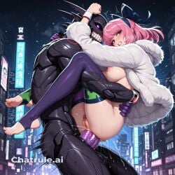 1girl ai_assisted ai_generated anal_sex attack barefoot barely_clothed blurry_background breasts city clenched_teeth double_penetration dynamax_band fighting_stance foot_fetish from_side full_body_view gloves glowing jacket klara_(pokemon) light_particles mole_under_mouth naked_pussy perfect_anatomy perky_breasts pink_hair purple_eyes rough_sex science_fiction sex_from_behind shirt shorts single_glove solo teeth thighhighs toeless_legwear uncensored vaginal_sex