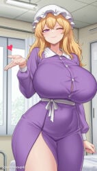 1girl ;) ai_generated bed blonde_hair blush breasts closed_mouth cowboy_shot curvy dress hair_between_eyes hat heart huge_breasts indoors long_hair long_sleeves looking_at_viewer maribel_hearn mob_cap one_eye_closed purple_dress purple_eyes smile solo standing thick_thighs thighs touhou white_headwear
