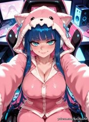 1girl 2026 ai_generated animal_hood anime bangs blue_eyes blue_hair blunt_bangs blush boobs bow breasts chair cleavage closed_mouth collarbone colored_inner_hair covered_nipples crossover eye_contact female female_focus flushed headphones highres hood huge_breasts keyboard_(computer) large_breasts long_hair long_sleeves looking_at_viewer monitor multicolored_hair neutral_expression nsfw outstretched_arms panty_&_stocking_with_garterbelt patreon pink_hair pink_hoodie rognezart sitting smile smiling solo stocking_(psg) stocking_anarchy two-tone_hair very_long_hair