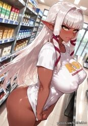 1girl 2026 ai_generated anime ass bangs blunt_bangs blush boobs bottomless breasts buttocks cleavage closed_mouth covered_nipples covering covering_crotch crossover dark-skinned_female dark_elf dark_skin elf embarrassed evelyn_celebrian eye_contact female female_focus flushed hair_intakes hair_ribbon highres huge_breasts indoors inside large_breasts lips long_hair looking_at_viewer naked_shirt neutral_expression nsfw patreon patreon_username pointy_ears red_ribbon ribbon rognezart shiny shiny_skin shirt shirt_tug short_sleeves sidelocks solo sweatdrop t-shirt thick_thighs thighs tiles tress_ribbon very_long_hair white_hair white_shirt window yellow_eyes youkoso!_sukebe_elf_no_mori_e