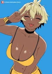 1girl 1girls big_breasts black_hair bra closed_eyes covering_breasts dark-skinned_female dark_skin female female_focus female_only large_breasts patreon patreon_logo patreon_username peace_sign saki_(sambalteracy) sambalteracy simple_background solo solo_female solo_focus sweat sweaty_body tomboy tongue tongue_out two-tone_hair yellow_hair