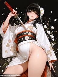 1girl ai_generated arlequin097 black_background black_hair breasts chainsaw_man closed_mouth floral_print flower grey_eyes groin hair_flower hair_ornament holding holding_sword holding_weapon japanese_clothes katana kimono lips long_hair long_sleeves looking_at_viewer mitaka_asa no_panties obi obiage obijime petals print_kimono sash sheath shiny_skin solo sword thighs unsheathing weapon white_flower white_kimono wide_sleeves