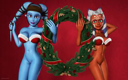 2girls 3d aayla_secura ahsoka_tano alien alien_girl artist_name bald bare_shoulders big_breasts blue_eyes blue_skin bottomless busty christmas cleavage clone_wars curvy detailed_background eyelashes female female_only front_view half-dressed half_dressed headgear holding_object hourglass_figure humanoid jedi jedi_master jedi_padawan kondaspeter looking_at_viewer mammal marking multiple_females multiple_girls no_panties orange_skin pose posing purple_lips shaved_pussy shiny shiny_skin standing star_wars togruta twi'lek voluptuous wide_hips