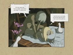 blonde_hair from_behind gravity_rush kat_(gravity_rush) pillow_hug syd_(gravity_rush)