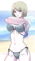 bikini blonde_hair bob_cut cleavage facial_scar female female_only gintama hair_down jewelry looking_at_viewer medium_breasts myuttyen pale-skinned_female pale_skin purple_hair scar scar_across_eye shirt_lift shirt_up short_hair side-tie_bikini solo tsukuyo undressing