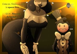 2026 2d 2d_(artwork) 2d_artwork alice_angel artist_logo artist_name beanontoast bendy_and_the_ink_machine big_breasts black_dress black_hair black_lipstick blush dialogue female gold_highlights horns male thick_thighs