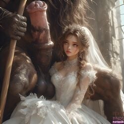 ai_generated big_balls big_cock big_penis blue_eyes bridal_veil bride brown_hair captured_female holding_weapon horsecock huge_cock larger_male married_to_monster minotaur monster monster_cock monster_on_female muscular muscular_male size_difference smaller_female thin_female wedding wedding_dress wedding_veil