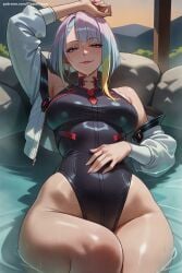 1girl ai_generated bangs bare_shoulders black_swimsuit breasts cyberpunk:_edgerunners hi_res high_quality high_resolution jacket large_breasts looking_at_viewer lucyna_kushinada partially_submerged patreon seductive sexy short_hair smile solo swimsuit thighs uncensored water watermark white_jacket