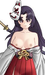 blush fox_mask katana kimono medium_breasts otherworld_legends purple_hair white_background white_skin