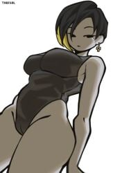 big_breasts binah binah_(project_moon) black_and_yellow_hair bob_cut busty busty_female cameltoe cameltoe_spandex curvy curvy_female earrings hips lobotomy_corporation pose project_moon short_hair slim_waist spandex standing tabesol thick_thighs v_line wide_hips