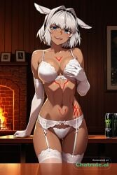 1girl 2d 4k 8k ai_assisted ai_generated alluring animal_ears anime_style athletic attractive attractive_woman bare_midriff beautiful bedroom_setting big_booty blue_eyes blush breasts cinematic_lighting clean_lineart cleavage close_up collarbone confident dark dark_lighting dark_skinned_female defined_jawline depth_of_field detailed_background detailed_face detailed_skin digital_illustration dim_lighting elegant erotic eye_makeup eyelashes fate_grand_order grey_hair