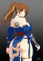 1girl arm_guards artist_request ass bare_shoulders big_breasts breasts brown_eyes brown_hair closed_mouth commentary cowboy_shot dead_or_alive detached_sleeves from_behind gradient_background high_ponytail hip_bones kasumi_(doa) kunoichi large_breasts long_hair looking_at_viewer ninja panties pelvic_curtain ponytail ribbon side-tie_panties signature smile solo thick_thighs thighhighs thighs underwear white_thighhighs yellow_ribbon