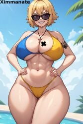 ai_generated azov_chan beach big_boobs big_breasts blonde blonde_hair cross dominant grin hourglass_figure hourglass_figured_female looking_at_viewer marichka sexy sharp_teeth sunglasses ukrainian ukrainian_flag_bikini ukrainian_girl voluptuous voluptuous_body voluptuous_female