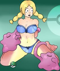 1girls abs ambiguous_gender bare_shoulders belly bikini black_eyes blonde_hair blue_bikini brown_eyes cleavage clothed cow_girl ditto female friend_ball green_background hat human interspecies kneeling large_breasts long_hair looking_away midriff navel nintendo open_mouth poke_ball pokemon pokemon_(species) pokemon_dppt pokemon_rgby slime slime_monster smile spread_legs teeth tongue twintails