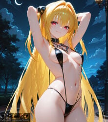 1girl absurd_res ai_generated armpits arms_behind_head arms_up bangs bikini black_bikini black_collar black_one-piece_swimsuit black_swimsuit blonde_hair blush breasts closed_mouth clothing cloud cloudy_sky collar cowboy_shot crescent_moon female full_moon groin hair_between_eyes hair_intakes hair_ornament jewelry konjiki_no_yami lamppost long_hair looking_at_viewer medium_breasts moon navel necklace night night_sky niraniri one-piece_swimsuit outdoors red_eyes sky slingshot_swimsuit smile solo standing star_(sky) starry_sky stomach swimsuit thighs to_love-ru to_love-ru_darkness tree two_side_up very_long_hair