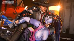 2girls 3d animated areolae ashe_(overwatch) bouncing_breasts breasts female female_only from_behind kushishekku nipples no_sound overwatch sex shorter_than_30_seconds shorter_than_one_minute source_filmmaker strap-on video widowmaker yuri