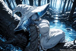 1girl ai_assisted ai_generated blue_eyes blue_theme breasts cleavage curvaceous curvy curvy_female curvy_figure dress elden_ring female forest hat huge_breasts large_breasts long_hair looking_at_viewer miyuai nature ranni_the_witch sitting soaking_feet solo thick thick_ass thick_butt thick_hips thick_legs thick_thighs voluptuous voluptuous_female water white_dress wide_hips wide_thighs witch witch_hat