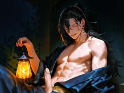 abs bare_chest closed_eyes cum dick jujutsu_kaisen kimono lantern licking_lips long_hair male male_only muscular smile suguru_geto