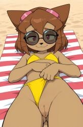 1girls 2026 ai_generated anthro beach bikini bikini_bottom_aside bikini_pull blushing brown_fur brown_hair exposed_pussy feline female female_only flashing flashing_pussy flat_chest gameoverse goggles goggles_on_head half-closed_eyes hi_res innie_pussy kit_(gameoverse) laying_down laying_on_back on_back on_towel outdoors pink_eyes pussy short_hair smile sunglasses towel yellow_sclera zonoya_(artist)
