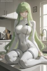 1girl ai_generated bangs bodysuit breasts c.c. cc closed_mouth covered_navel eyebrows_visible_through_hair green_hair hi_res high_quality high_resolution indoors long_hair looking_at_viewer patreon seductive sexy shiny sitting skin_tight solo uncensored very_long_hair wariza watermark white_bodysuit window yellow_eyes