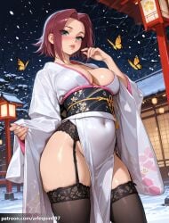 1girl ai_generated architecture arlequin097 black_garter_belt black_thighhighs blue_eyes blush breasts bug butterfly cleavage code_geass covered_navel east_asian_architecture floral_print forehead garter_belt japanese_clothes kallen_stadtfeld kimono lantern large_breasts lips long_sleeves looking_at_viewer night no_panties obi outdoors parted_bangs parted_lips pelvic_curtain red_hair sash shiny_skin short_hair snow snowing solo standing thighhighs thighs white_kimono wide_sleeves winter yellow_butterfly